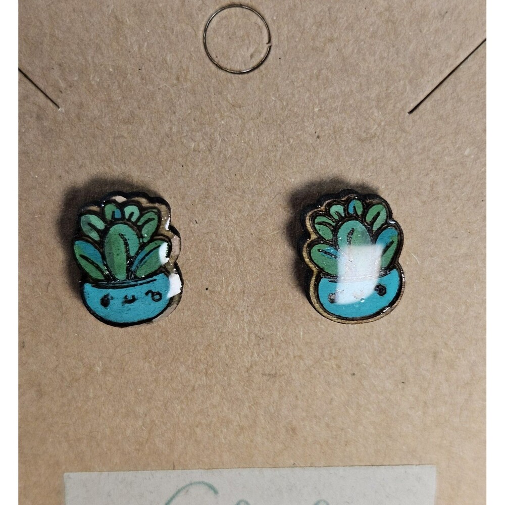 Handmade Wood And Resin Succulent Earrings Studs Cute Kitschy Kawaii Colorful